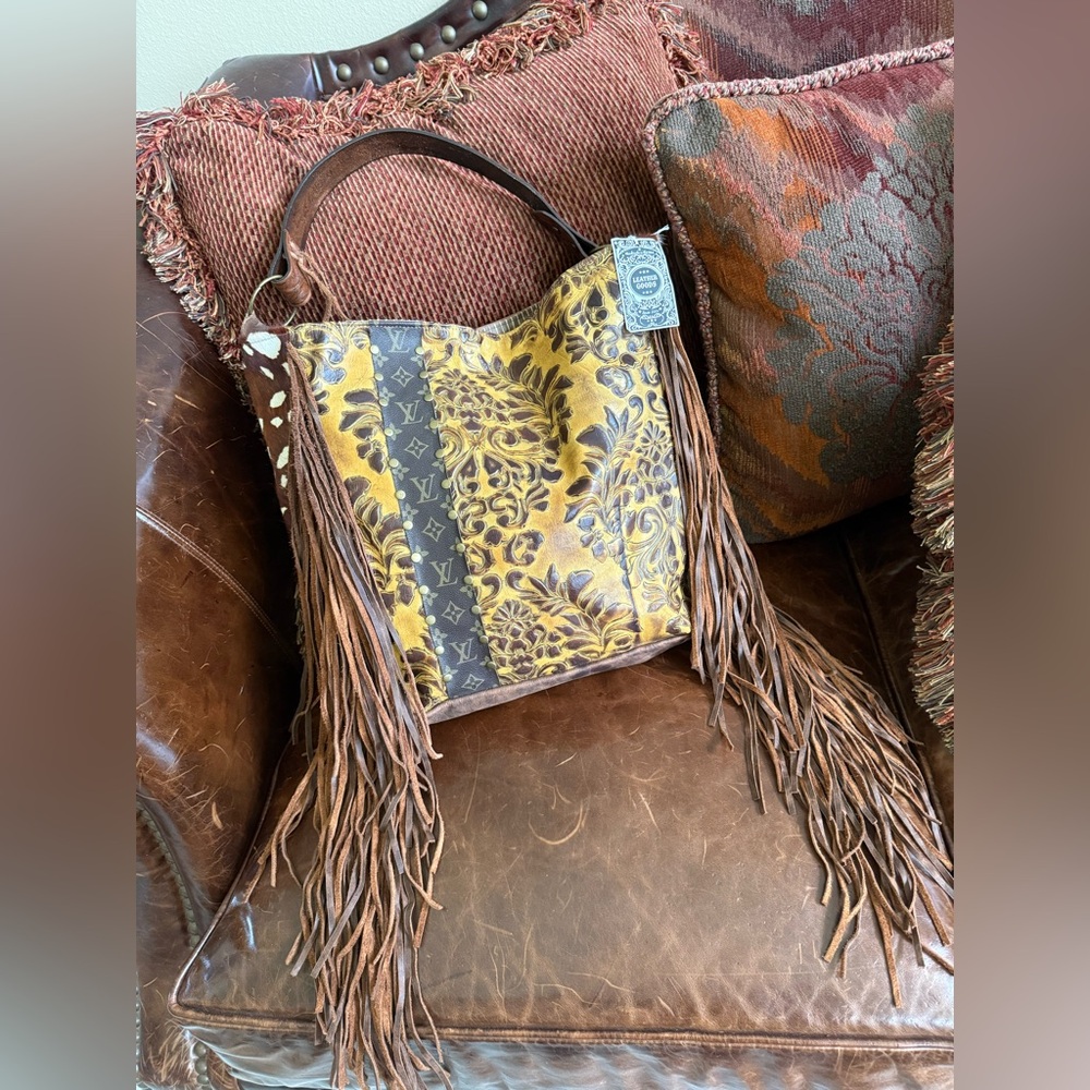 Keep It Gypsy Tooled Mustard Cowhide Genuine Design Patch Leather Fringe Tote